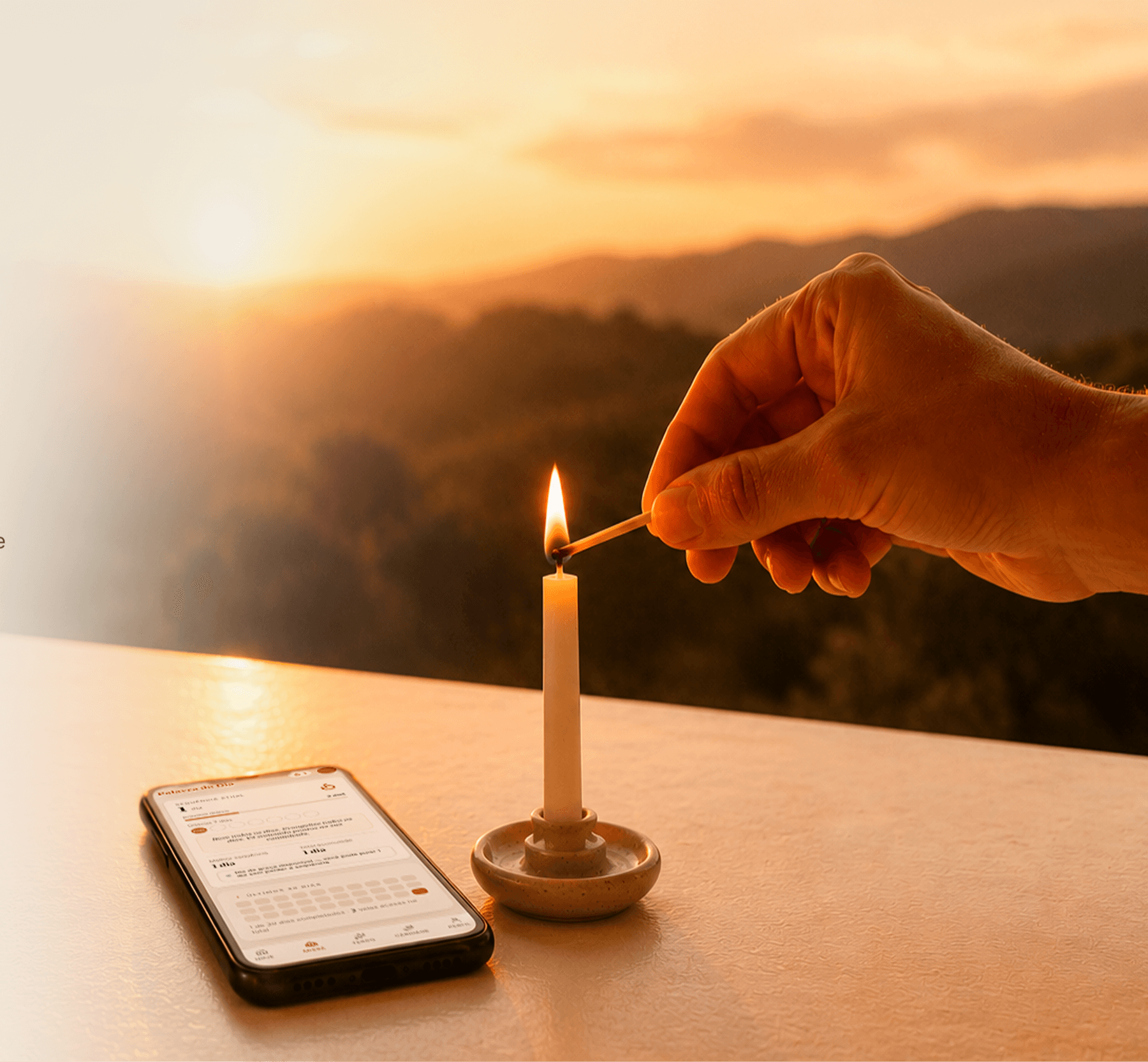 Mão acendendo uma vela ao pôr do sol, com o app Palavra do Dia aberto sobre a mesa